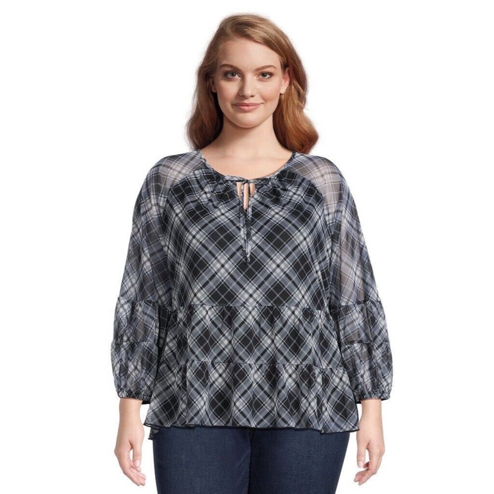 Terra & Sky Women's Plus size 0X Print Mesh Peasant Top w/Long Sleeves Black